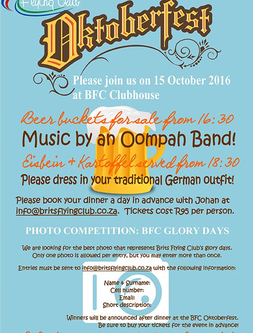 Oktoberfest! Only 3 Days to go! 15 October at BFC Clubhouse